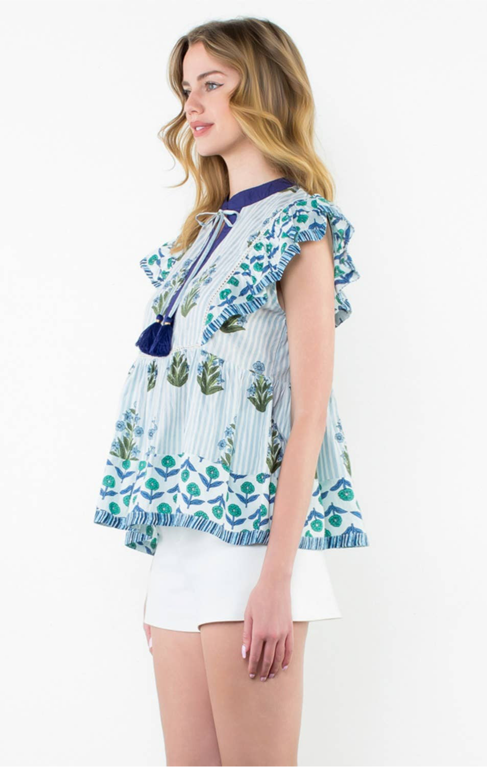 Got the Blues Flutter Sleeve Floral Tassel Tie Top: THML