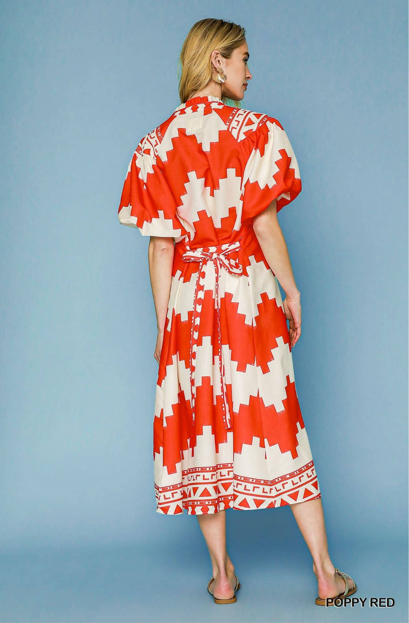 Poppy Printed V Neck Puff Short Sleeve Midi Dress