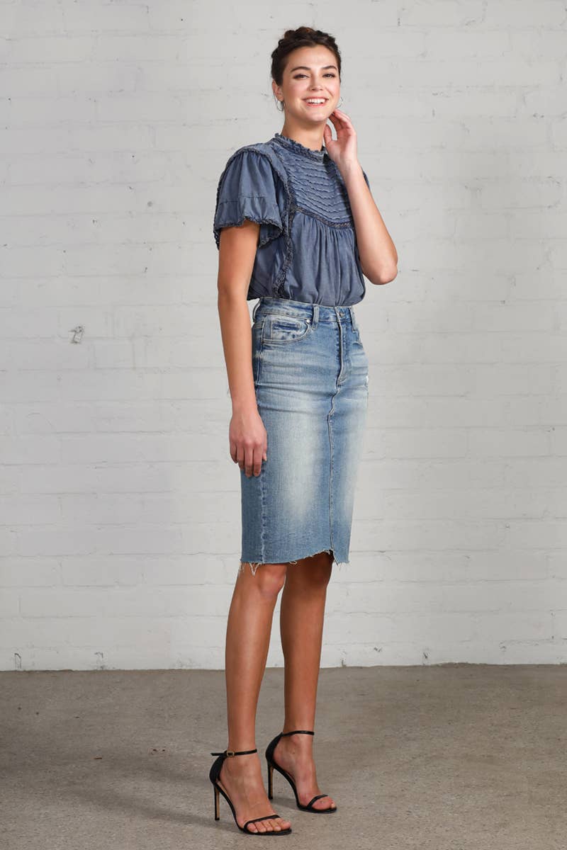 Jacy High Rise Stretch Raw Hem Knee Length Denim Skirt