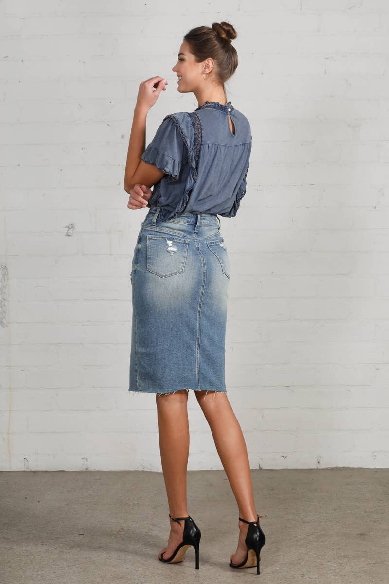Jacy High Rise Stretch Raw Hem Knee Length Denim Skirt