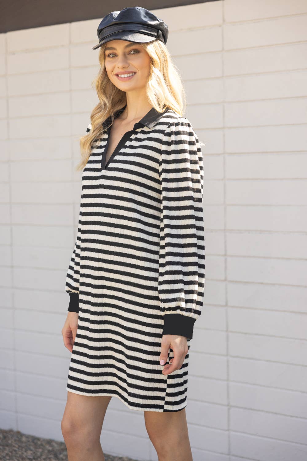 Kristy Collared Long Sleeve Striped Knit Dress