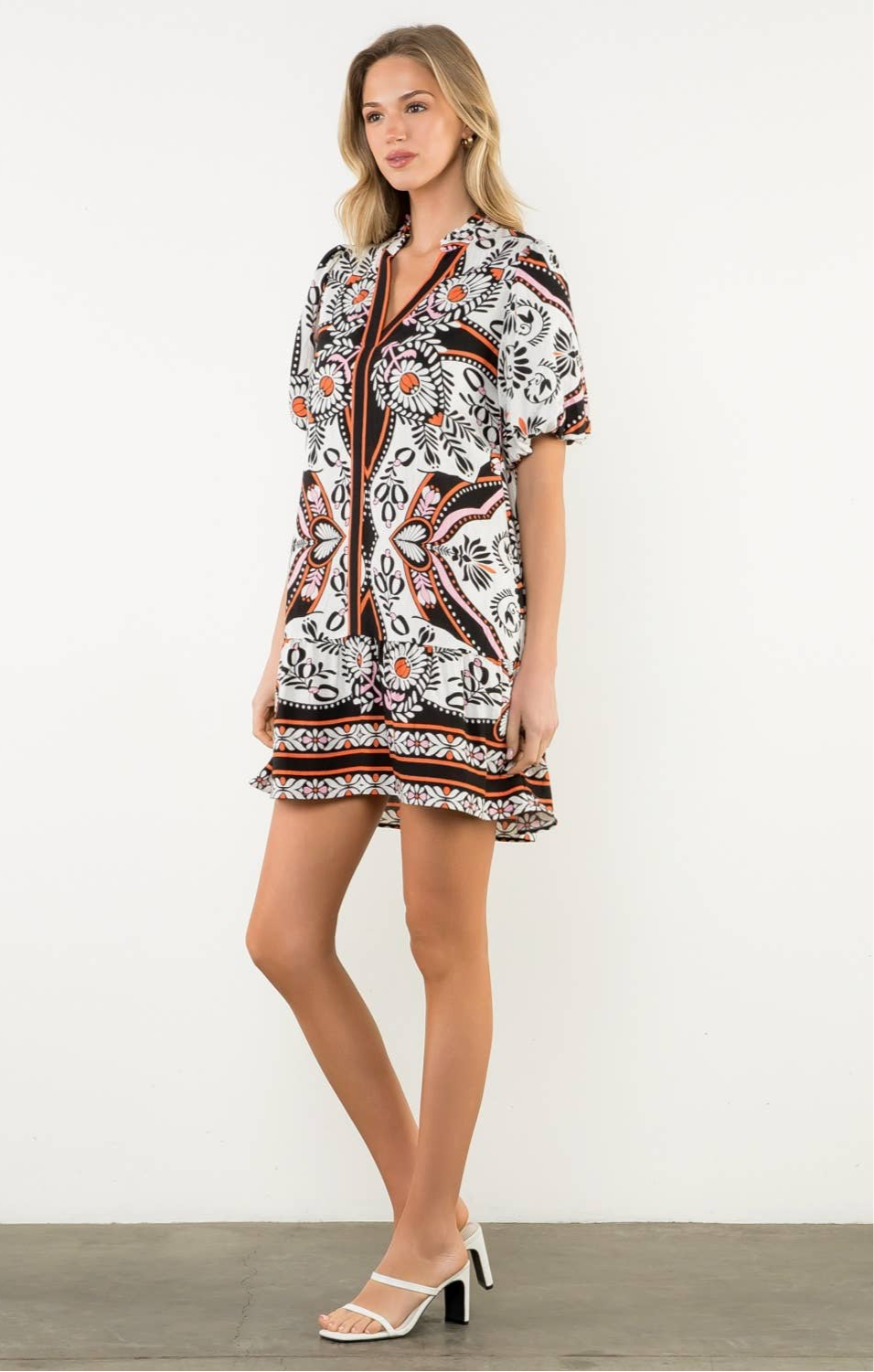 Exotic Puff Sleeve V-Neck Print Dress: THML