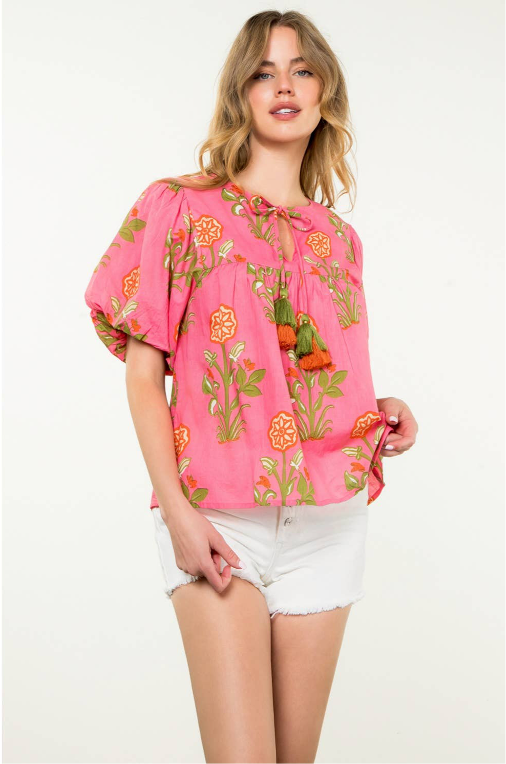 Pink Lotus Floral Tassel Tie Top: THML