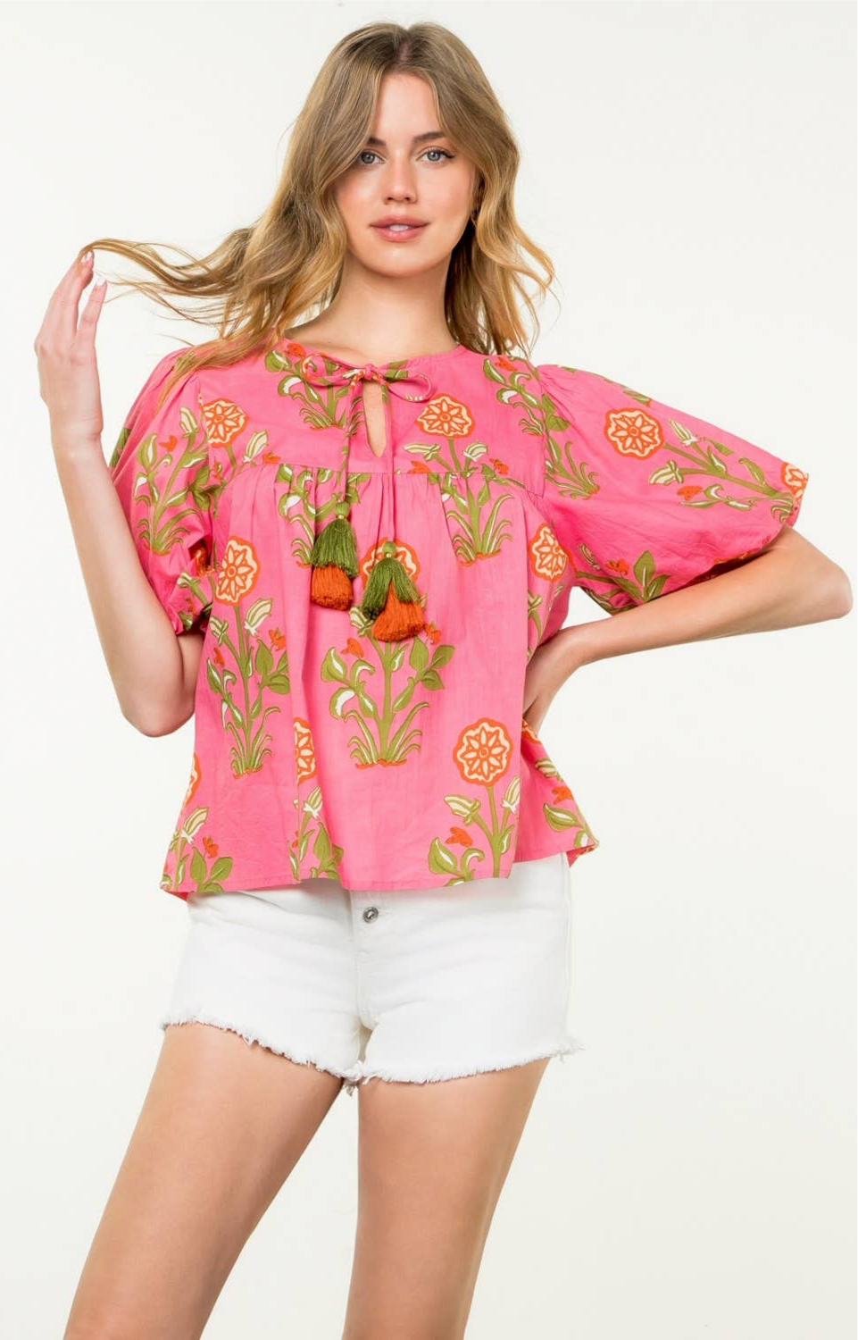 Pink Lotus Floral Tassel Tie Top: THML