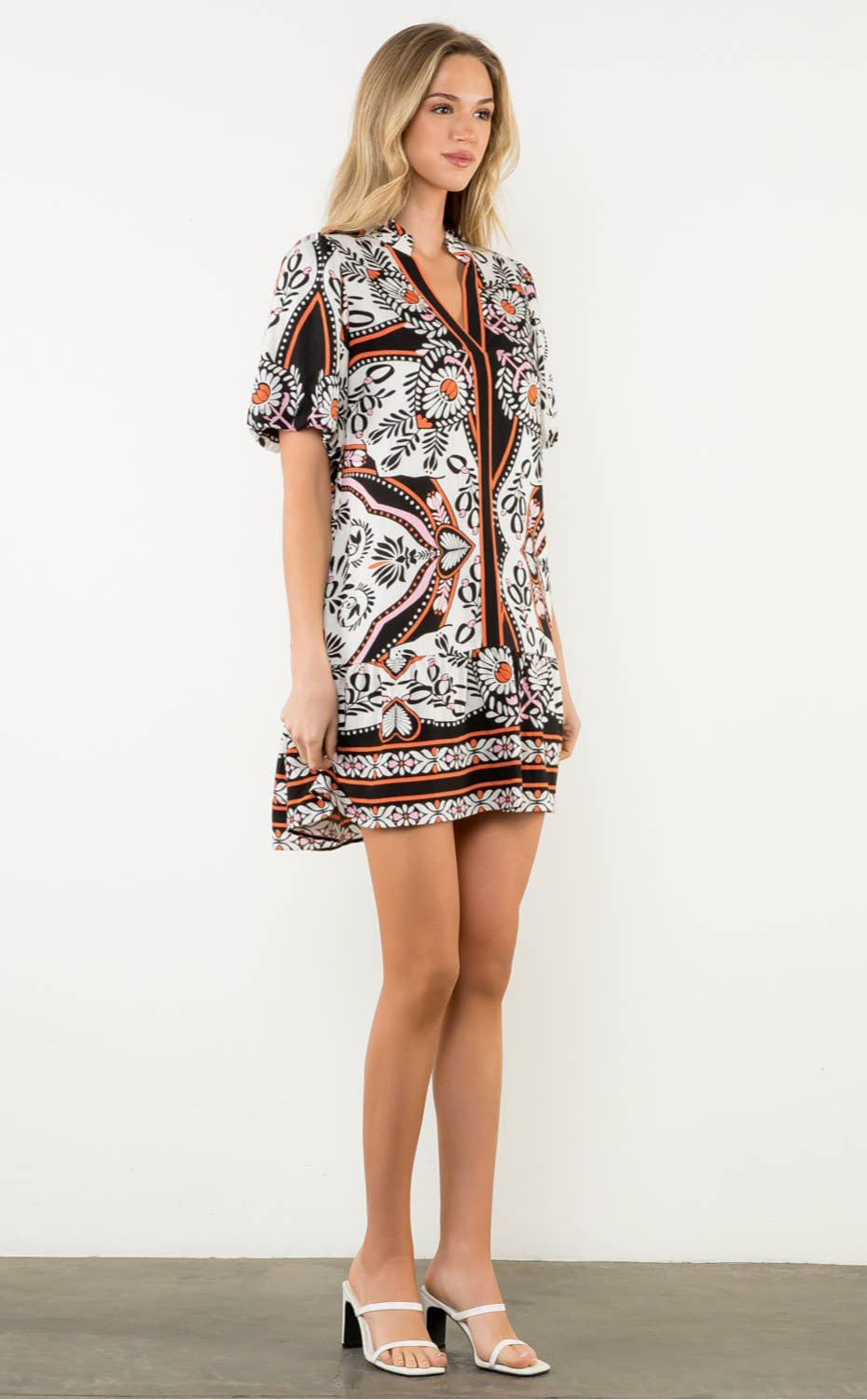 Exotic Puff Sleeve V-Neck Print Dress: THML