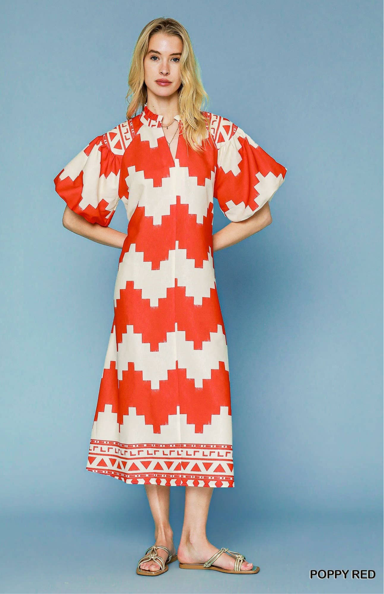 Poppy Printed V Neck Puff Short Sleeve Midi Dress