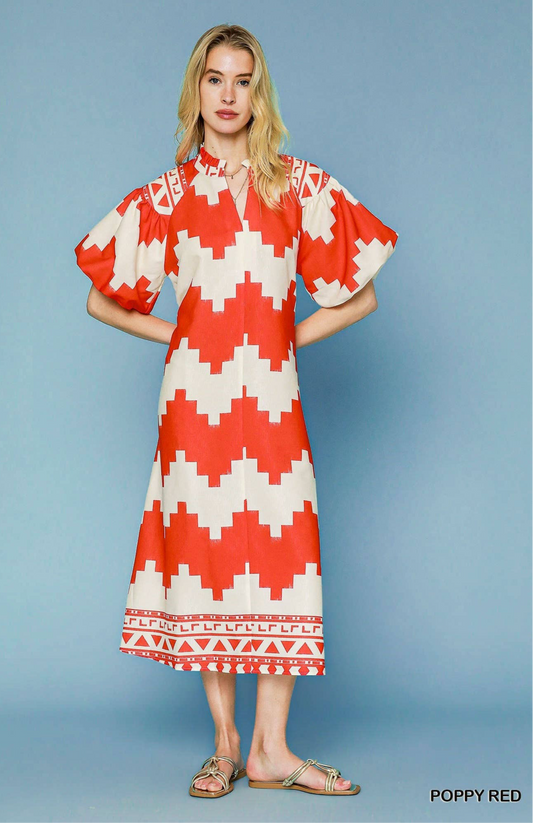 Poppy Printed V Neck Puff Short Sleeve Midi Dress