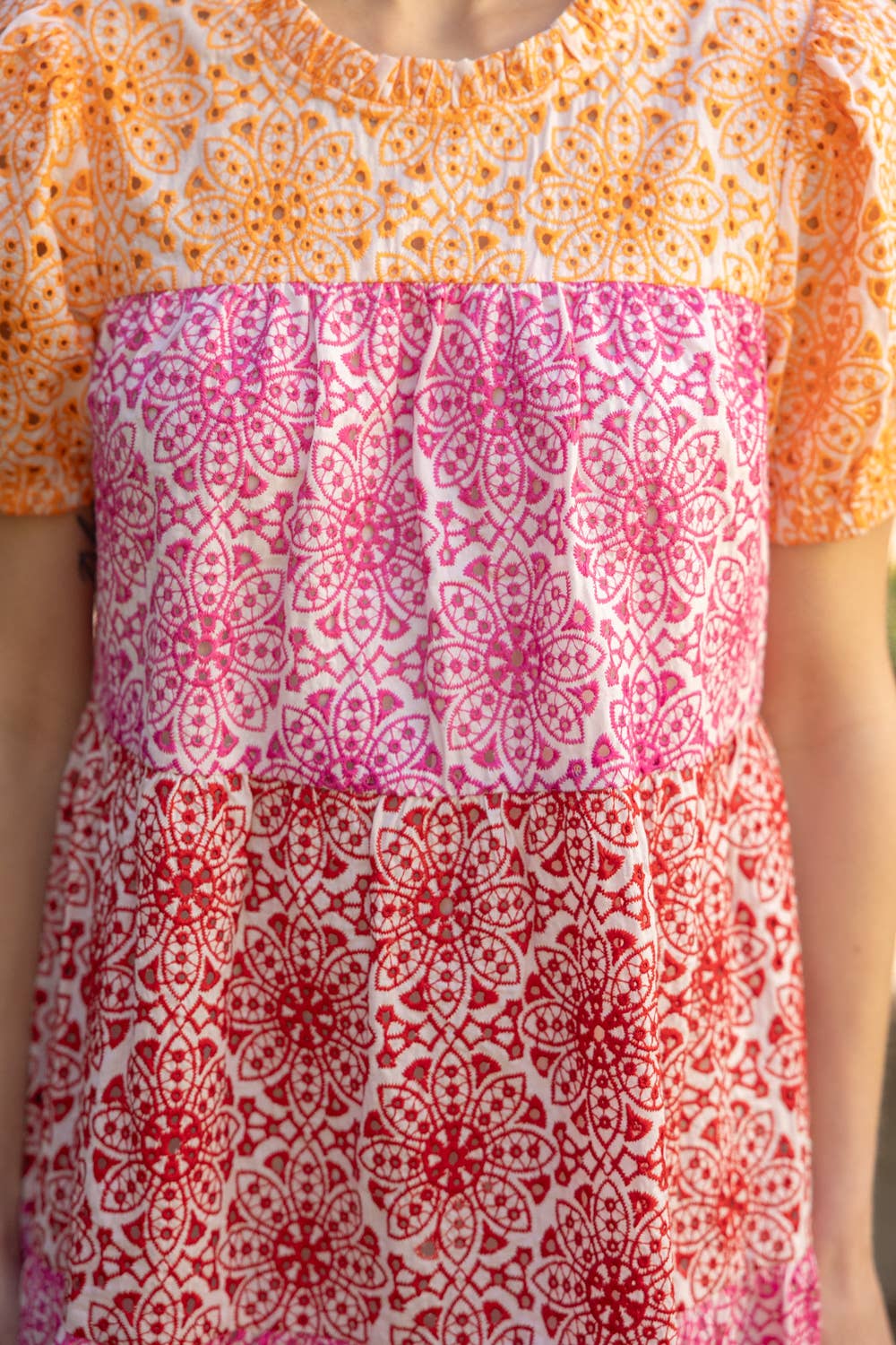 Cheery Disposition Embroidered Color Block Tiered Dress
