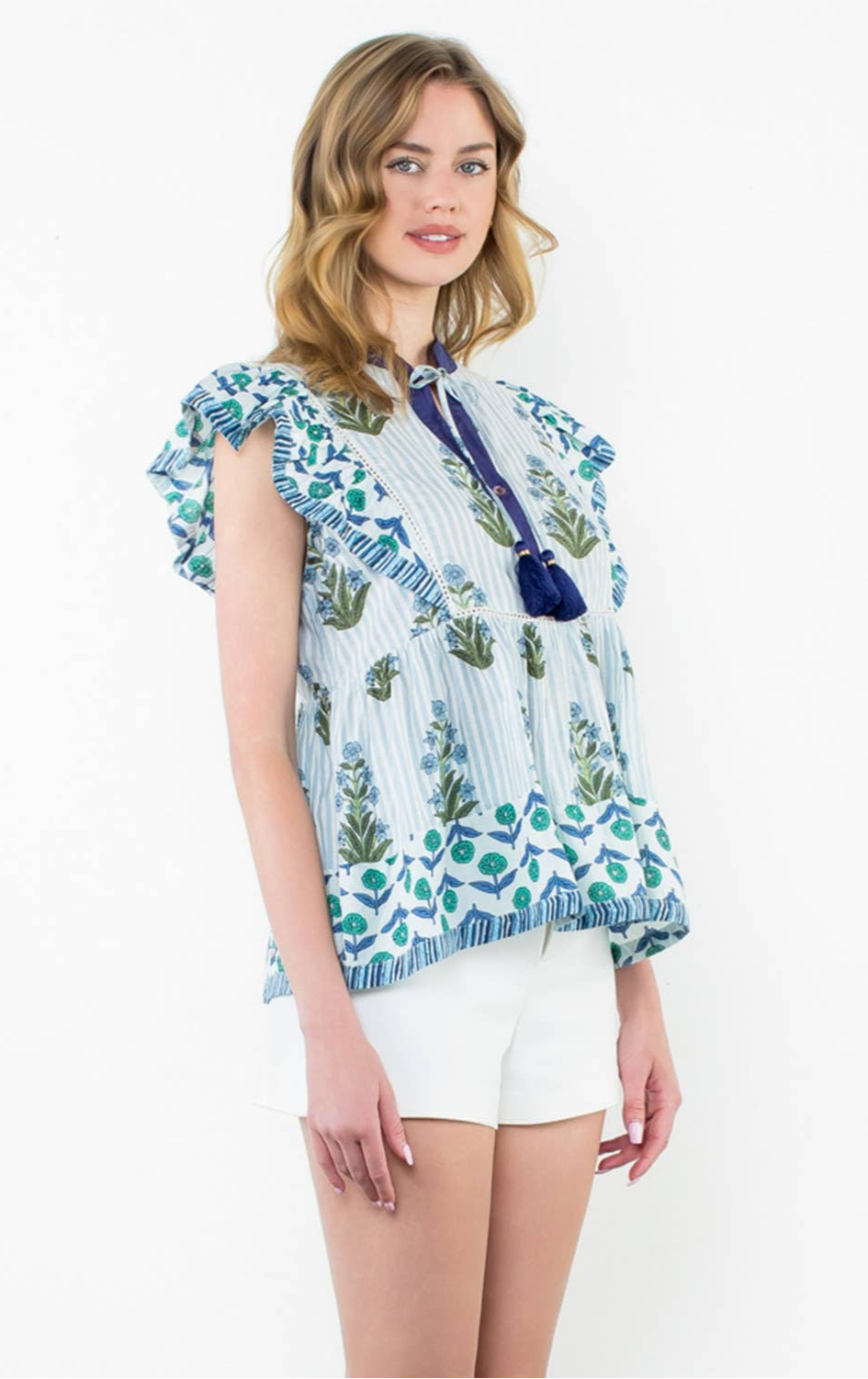 Got the Blues Flutter Sleeve Floral Tassel Tie Top: THML