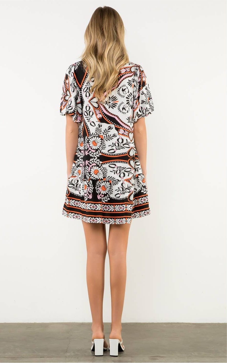 Exotic Puff Sleeve V-Neck Print Dress: THML