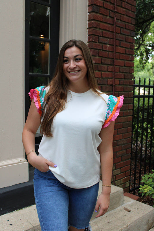 Juno White Floral Sleeve Top