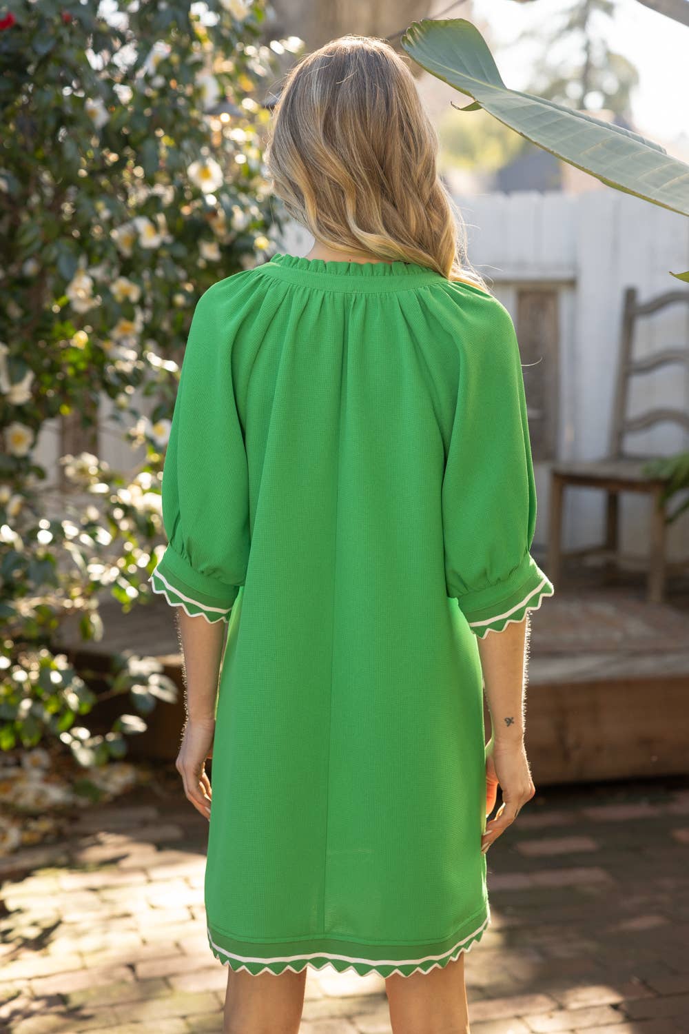 Green with Envy Scallop and Stripe Band Detailed Shift Dress