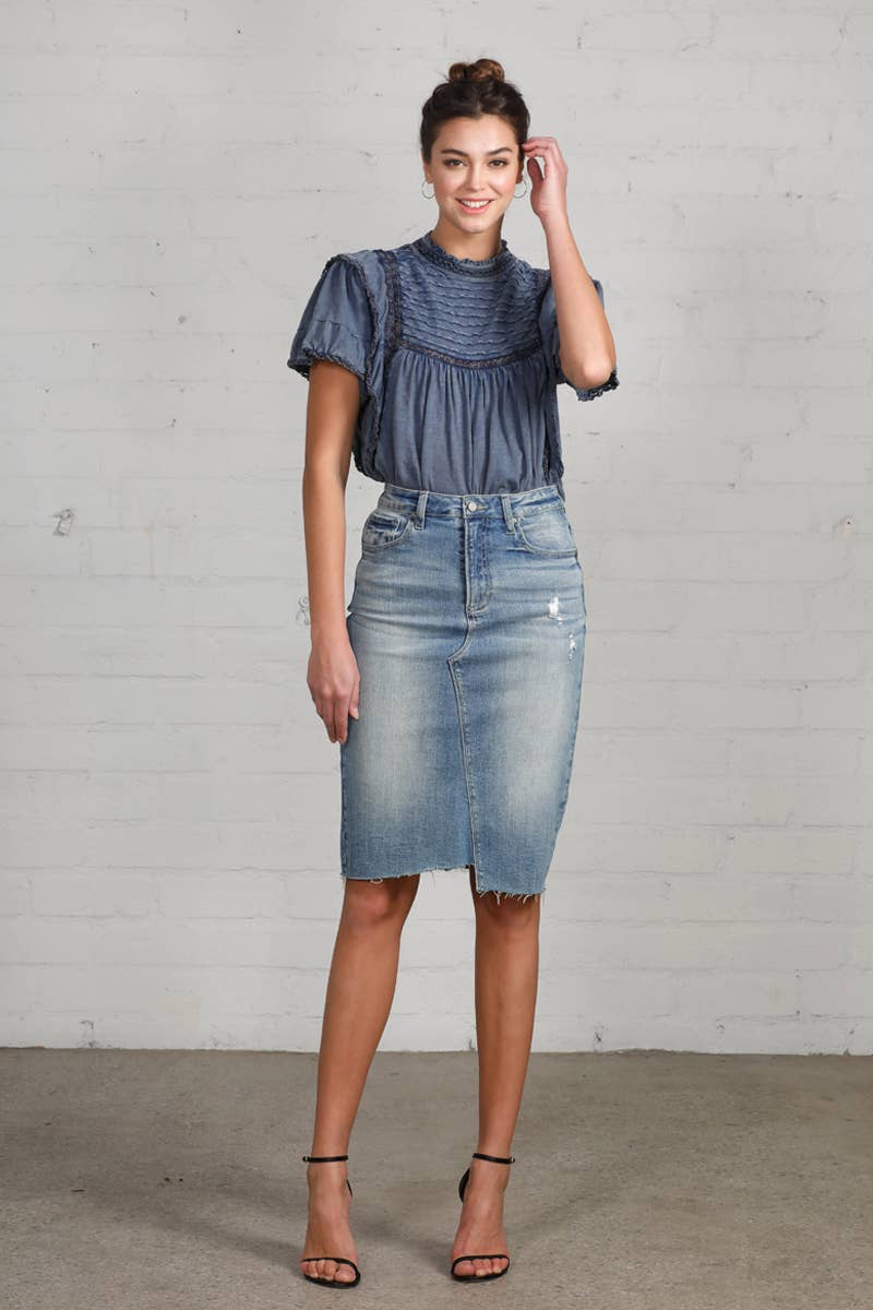 Jacy High Rise Stretch Raw Hem Knee Length Denim Skirt