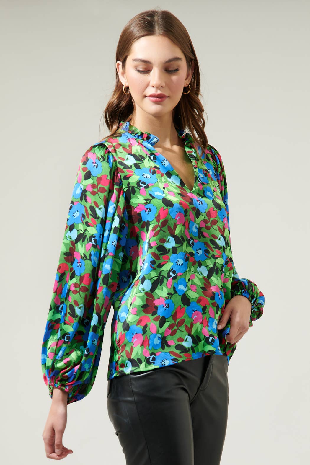 Destine Floral Hathaway Split Neck Long Sleeve Blouse