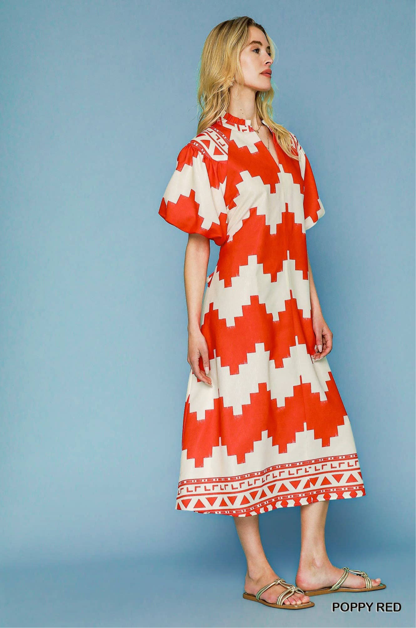 Poppy Printed V Neck Puff Short Sleeve Midi Dress