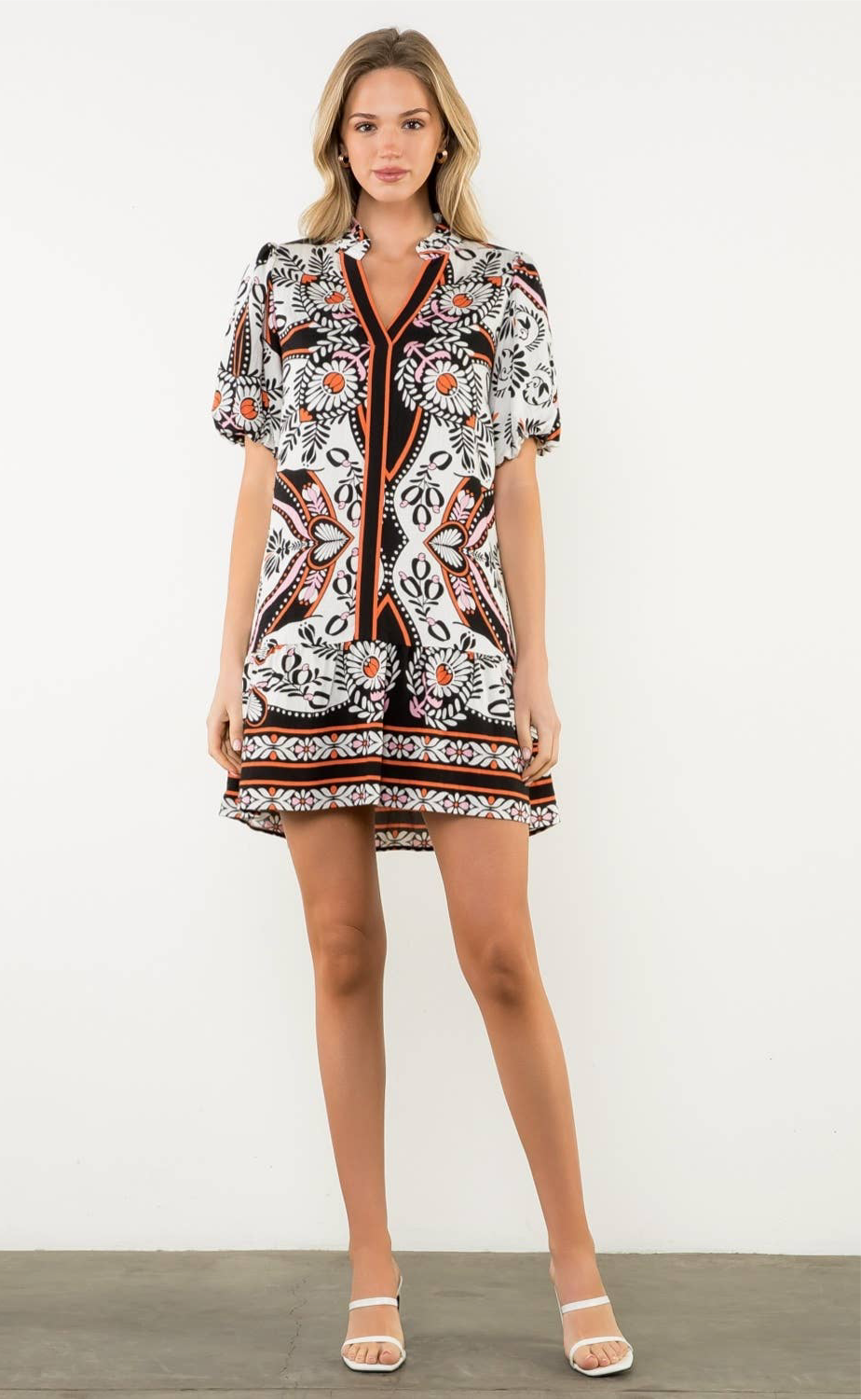 Exotic Puff Sleeve V-Neck Print Dress: THML