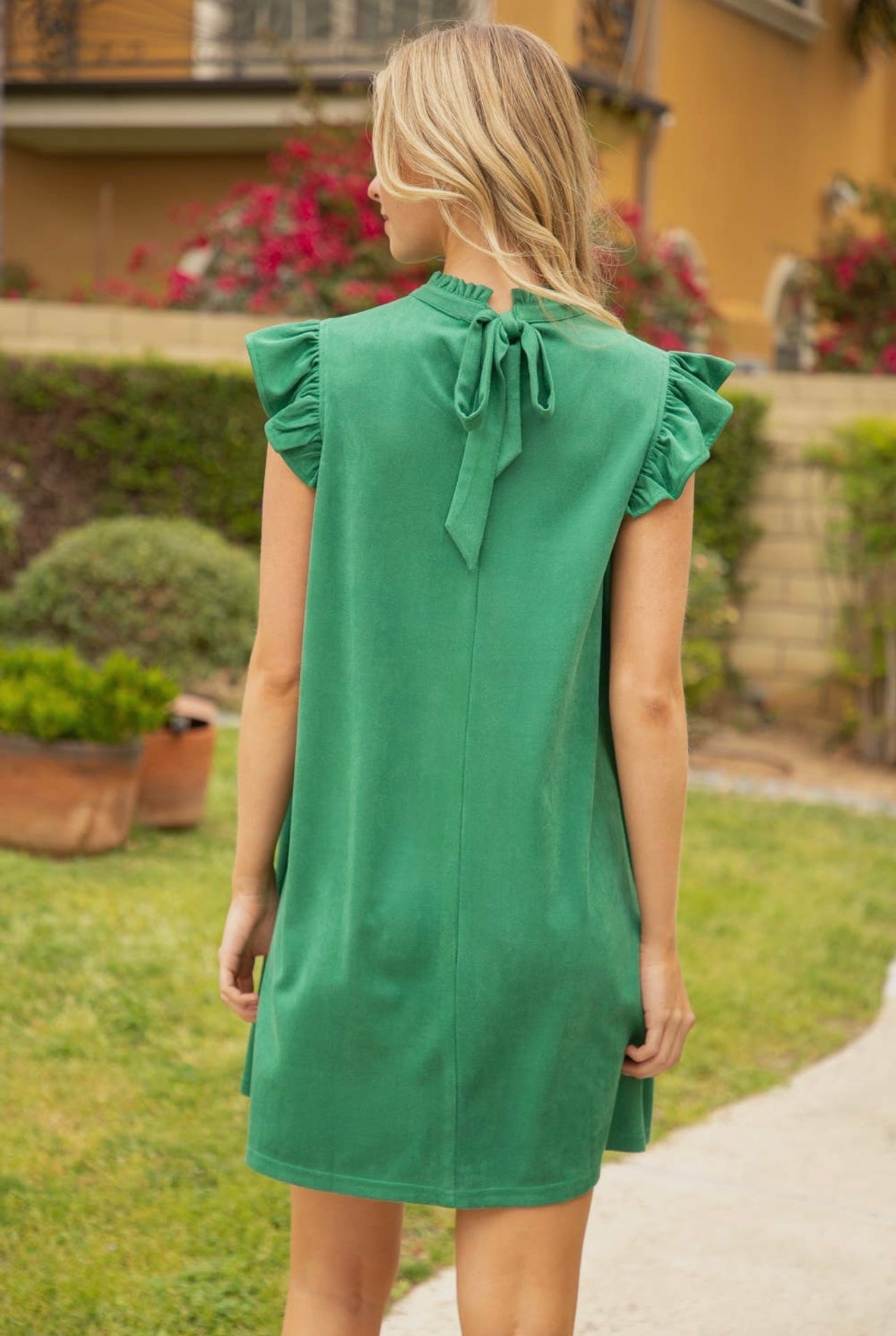 Walk on Water Green Suede Ruffle Sleeve Dress
