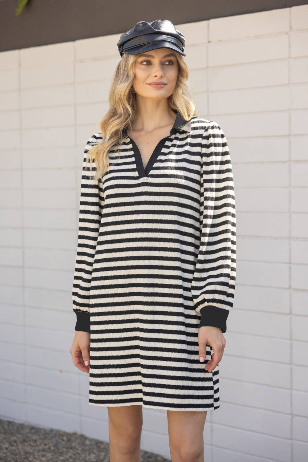 Kristy Collared Long Sleeve Striped Knit Dress