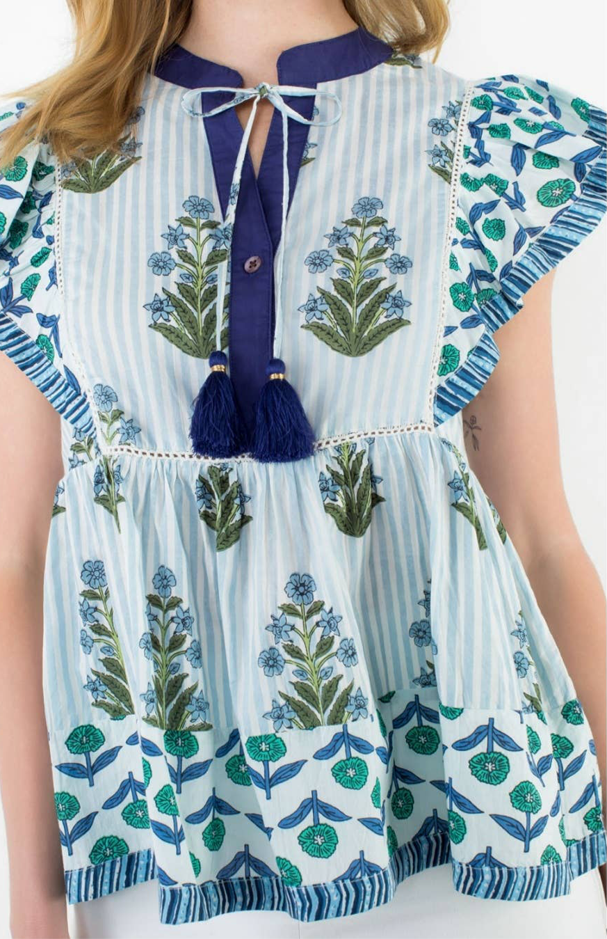 Got the Blues Flutter Sleeve Floral Tassel Tie Top: THML