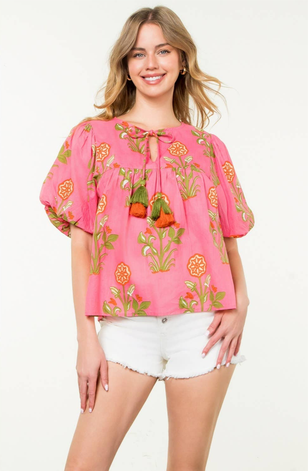 Pink Lotus Floral Tassel Tie Top: THML