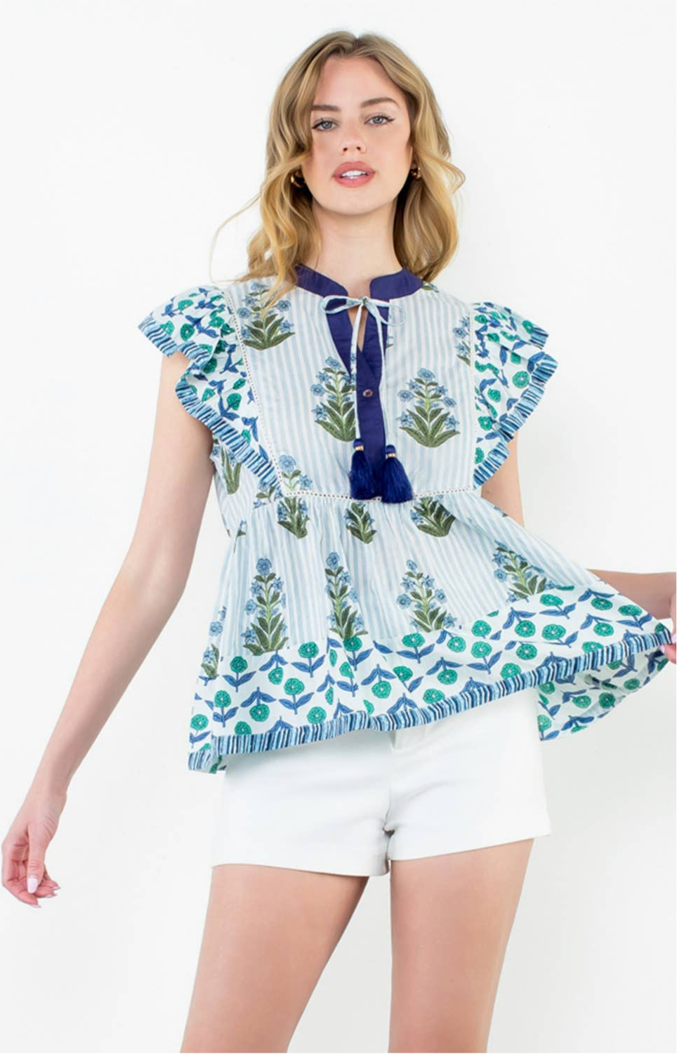 Got the Blues Flutter Sleeve Floral Tassel Tie Top: THML