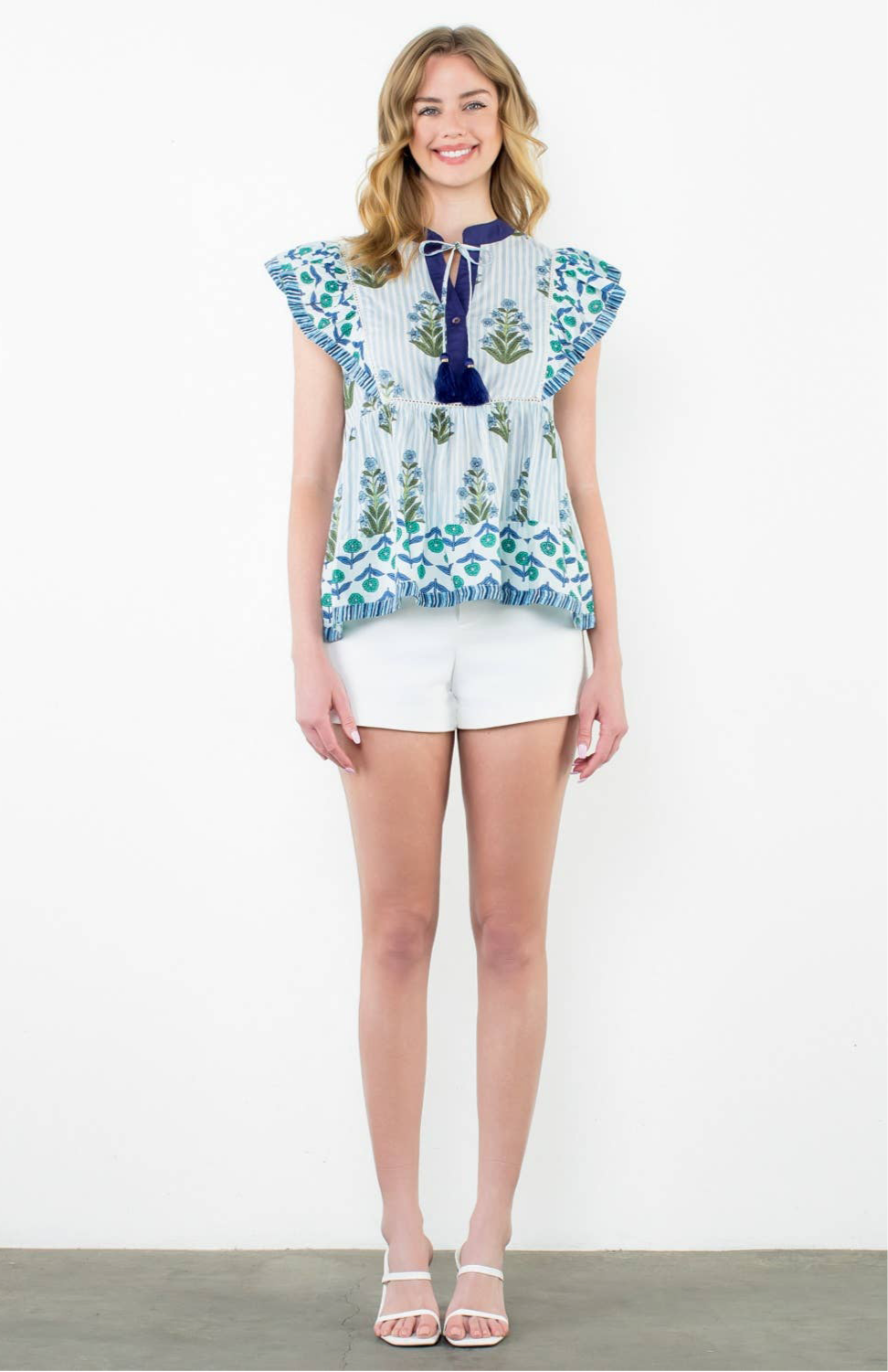 Got the Blues Flutter Sleeve Floral Tassel Tie Top: THML