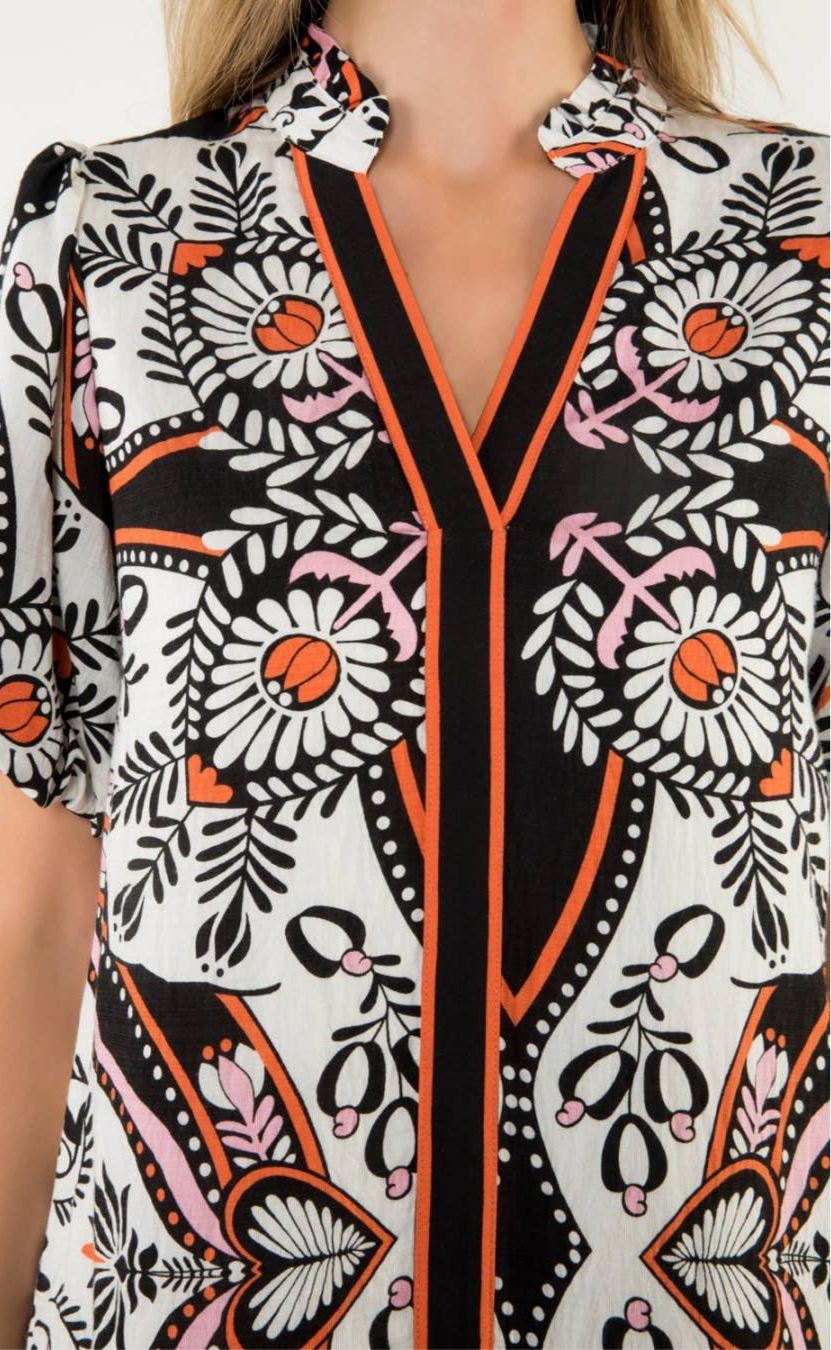 Exotic Puff Sleeve V-Neck Print Dress: THML