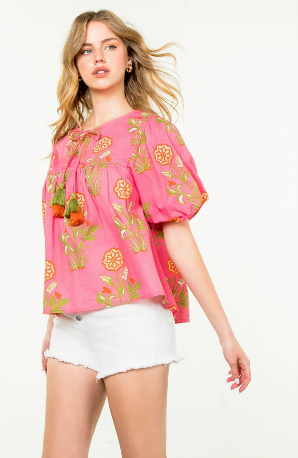 Pink Lotus Floral Tassel Tie Top: THML