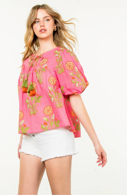 Pink Lotus Floral Tassel Tie Top: THML