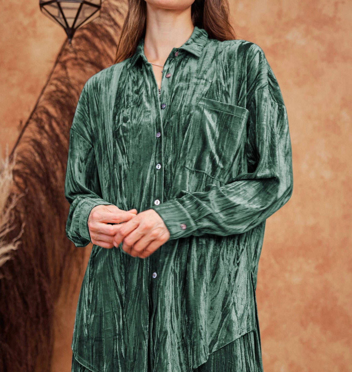 Amy Button Down Sage Velvet Top