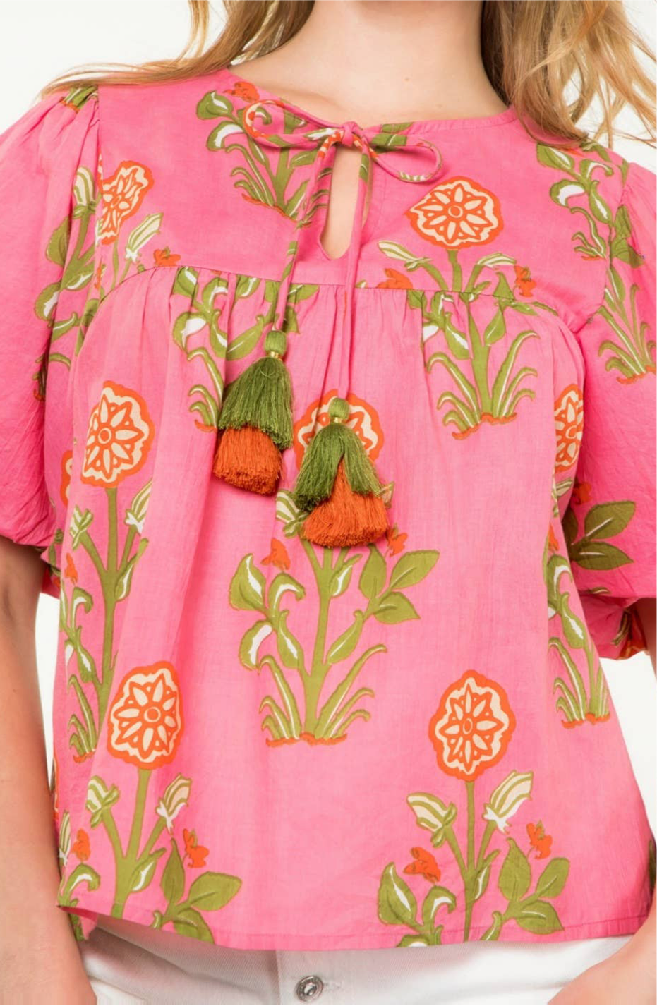 Pink Lotus Floral Tassel Tie Top: THML