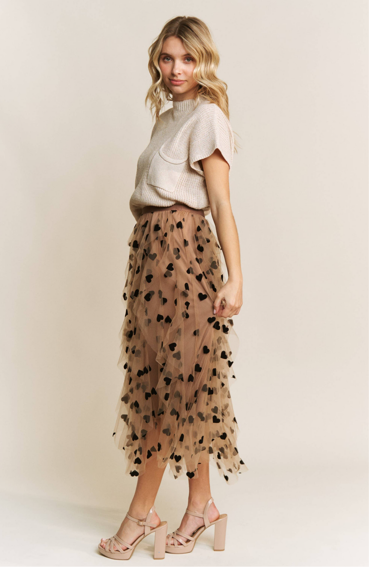 All Frills Velvet Heart Flocked Midi Skirt