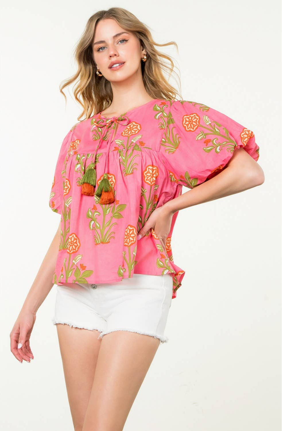 Pink Lotus Floral Tassel Tie Top: THML