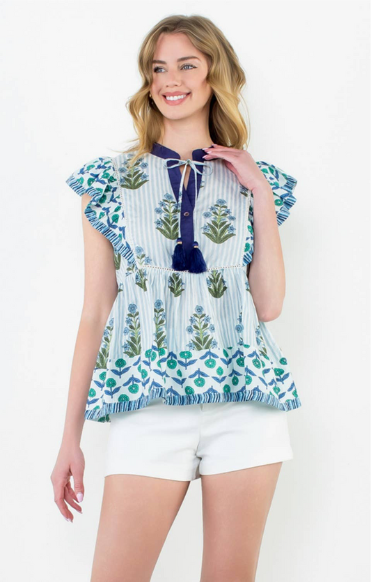Got the Blues Flutter Sleeve Floral Tassel Tie Top: THML