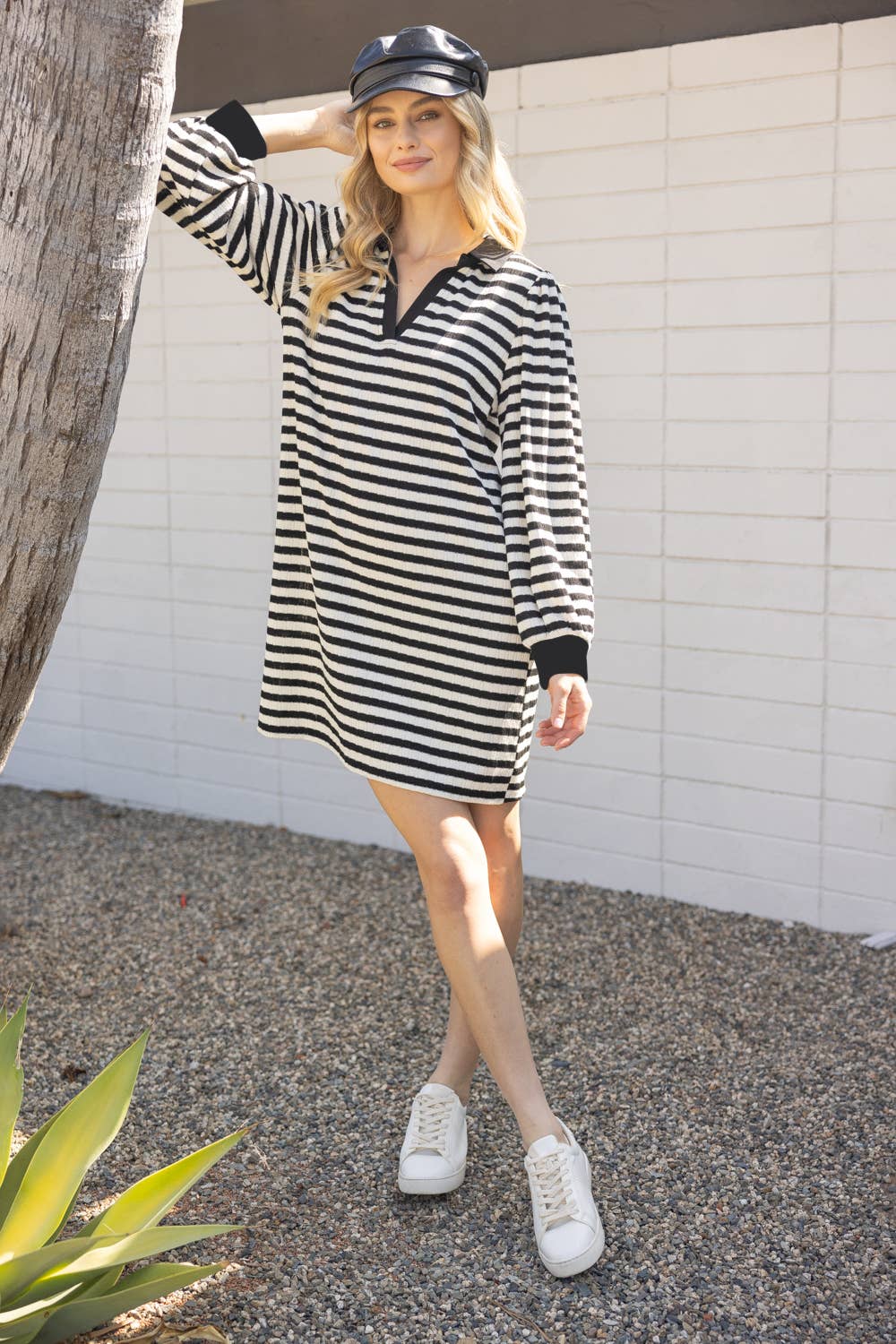 Kristy Collared Long Sleeve Striped Knit Dress