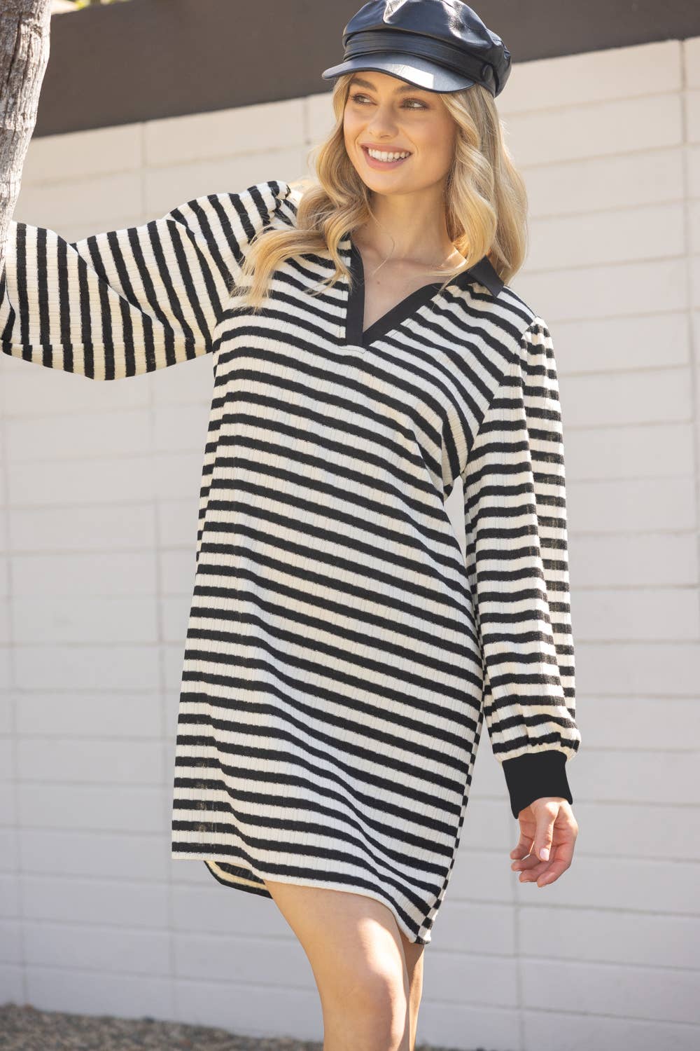 Kristy Collared Long Sleeve Striped Knit Dress