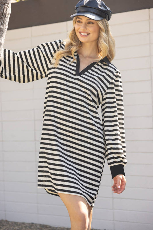 Kristy Collared Long Sleeve Striped Knit Dress