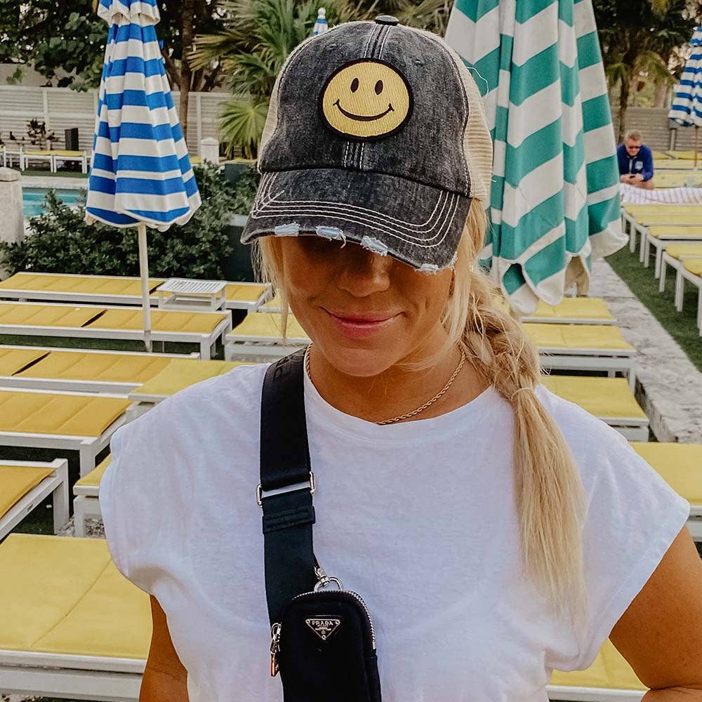Happy Face Trucker Hat: Black