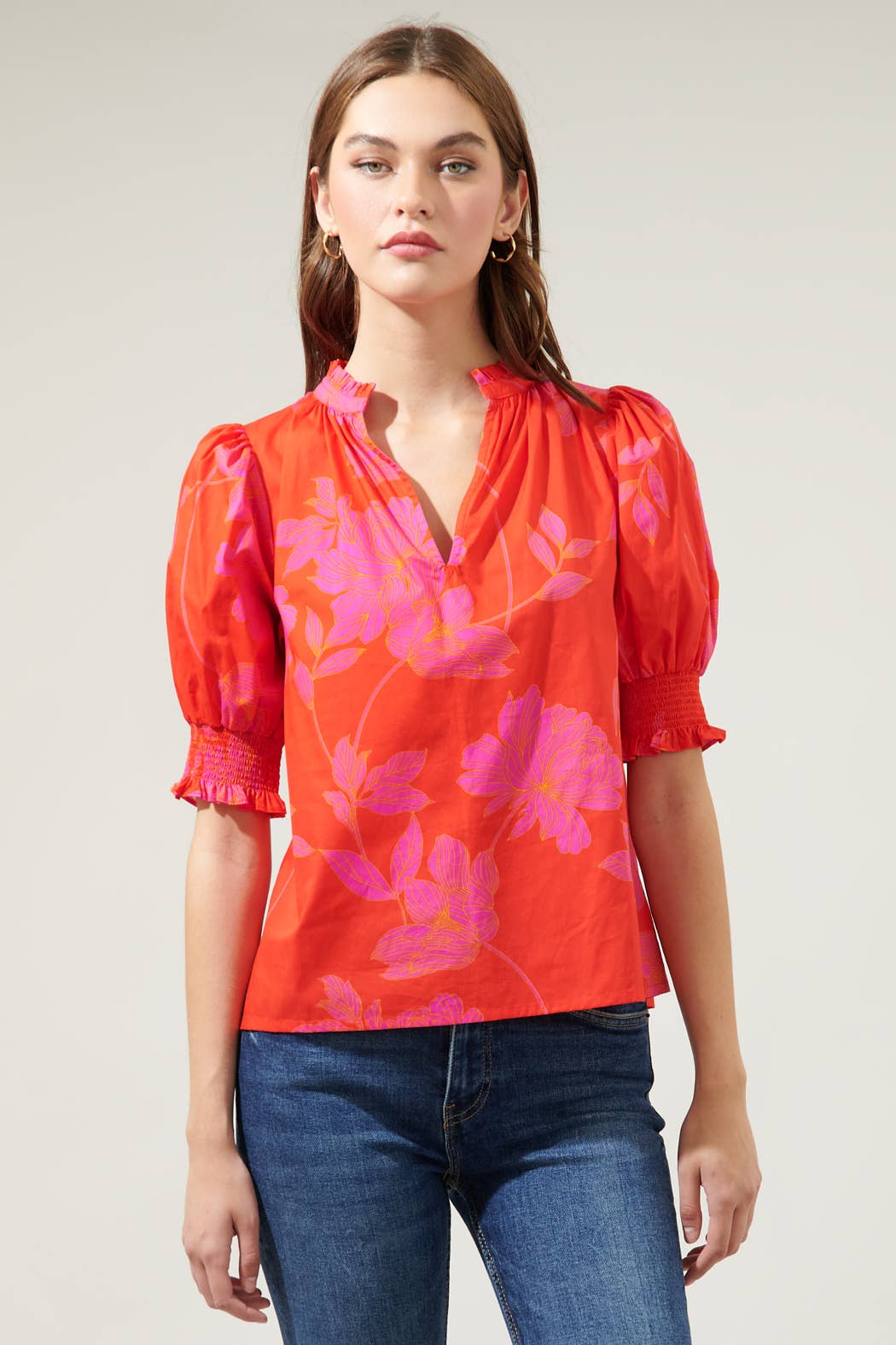 Maylene Mile Floral Split Neck Top-Sugarlips