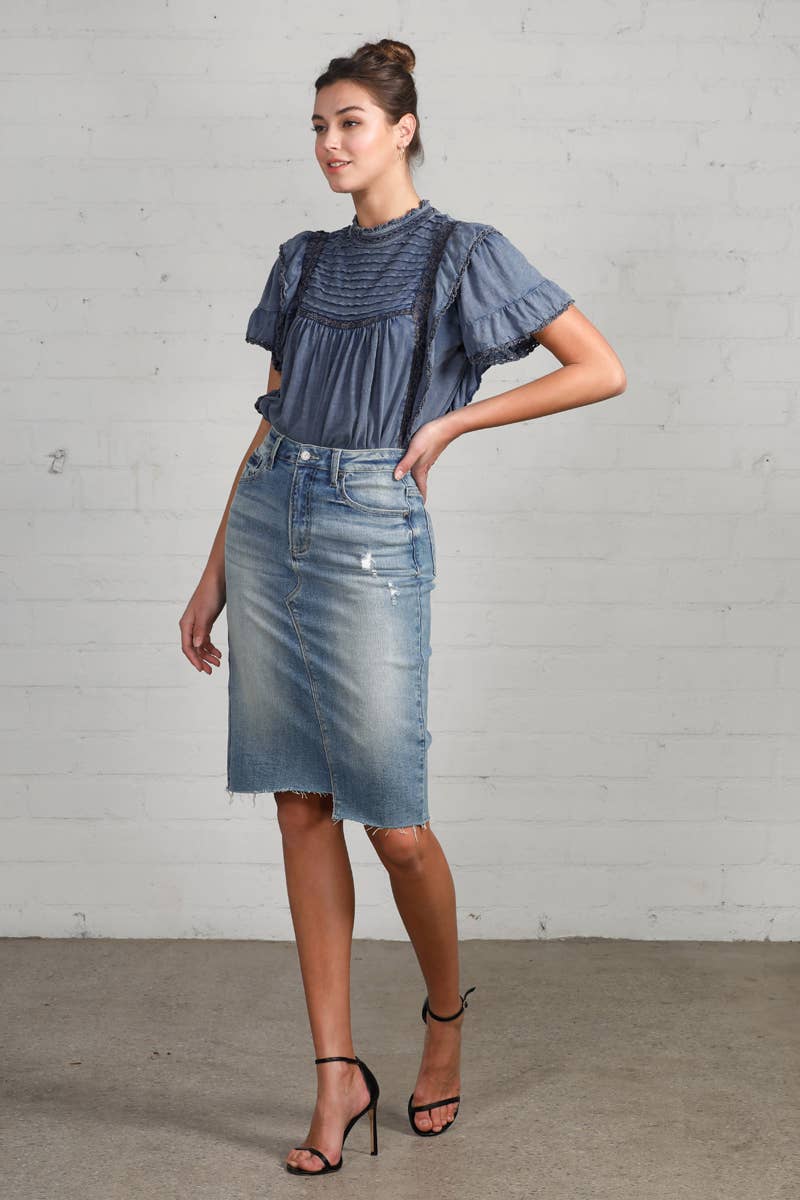 Jacy High Rise Stretch Raw Hem Knee Length Denim Skirt