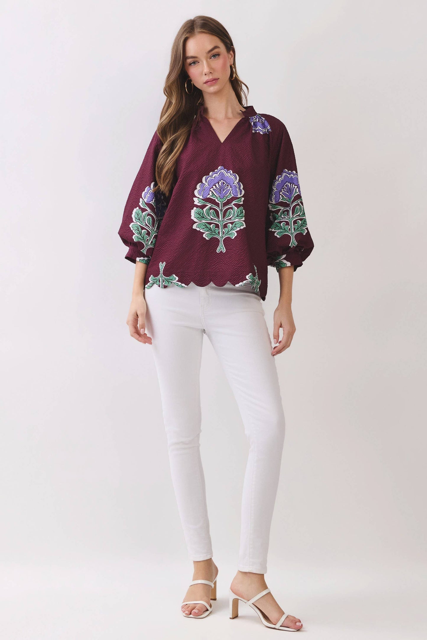 Heidi Floral Scalloped Hem Textured Blouse