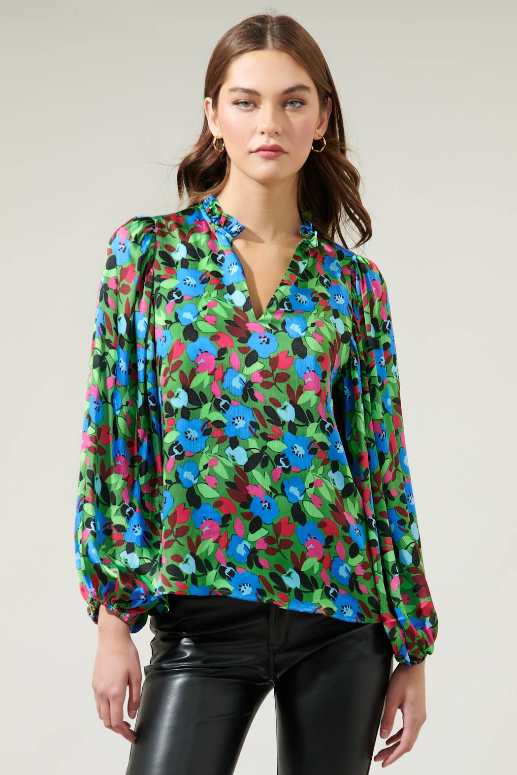 Destine Floral Hathaway Split Neck Long Sleeve Blouse