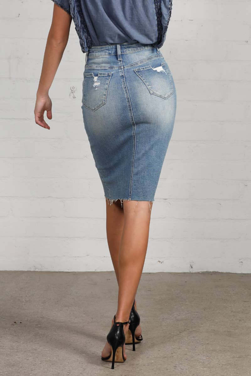 Jacy High Rise Stretch Raw Hem Knee Length Denim Skirt
