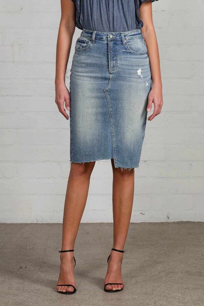 Jacy High Rise Stretch Raw Hem Knee Length Denim Skirt
