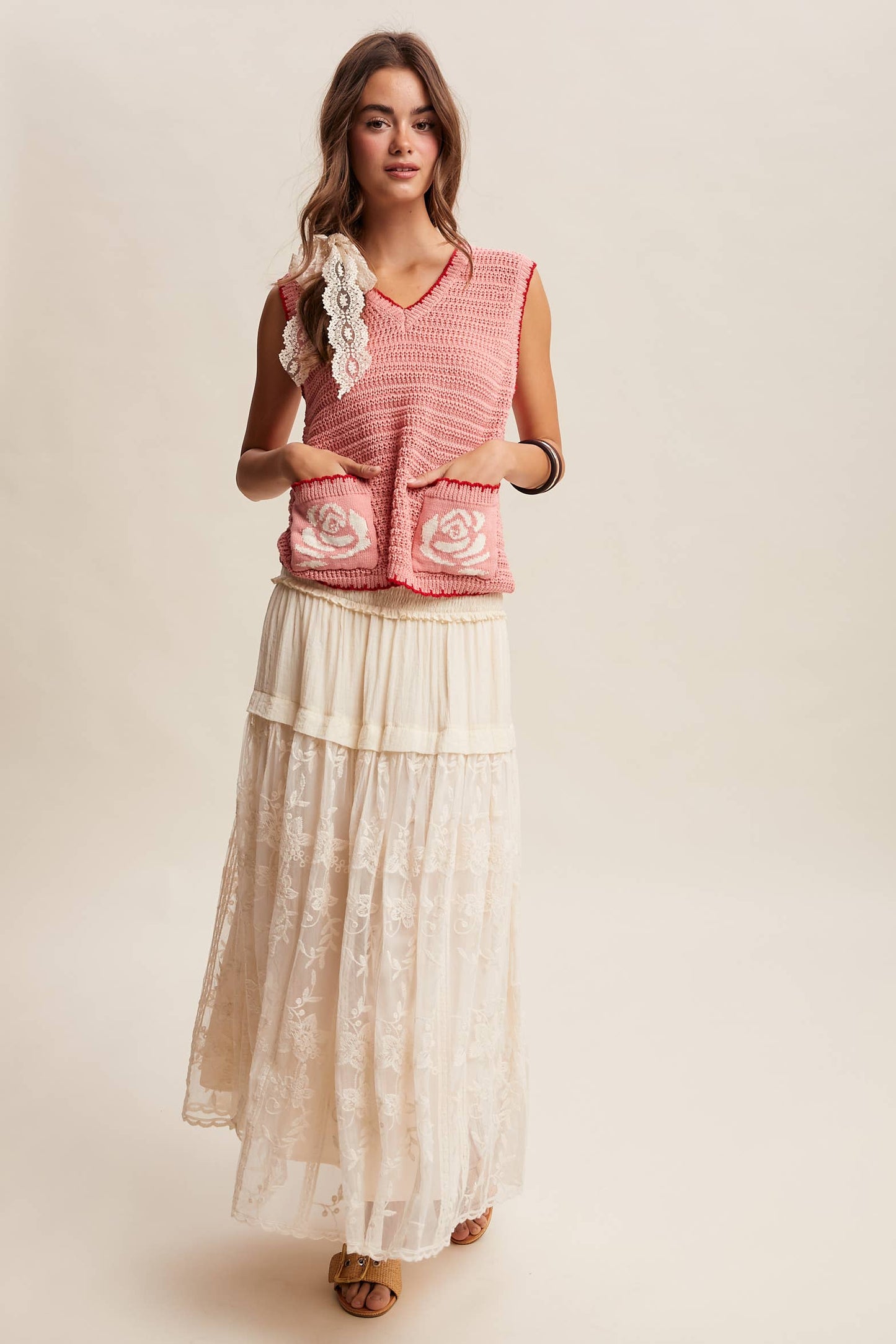 Dorsey Crochet Rose Pocket Knit Vest