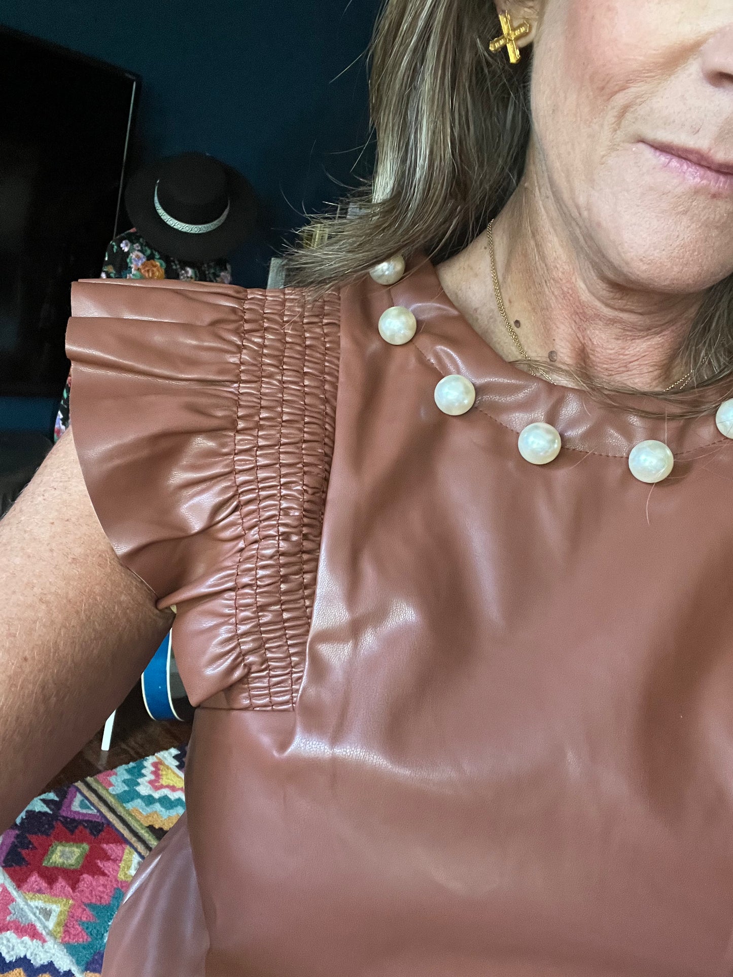 Smocked Ruffled Shoulder Pearl Detail Top
