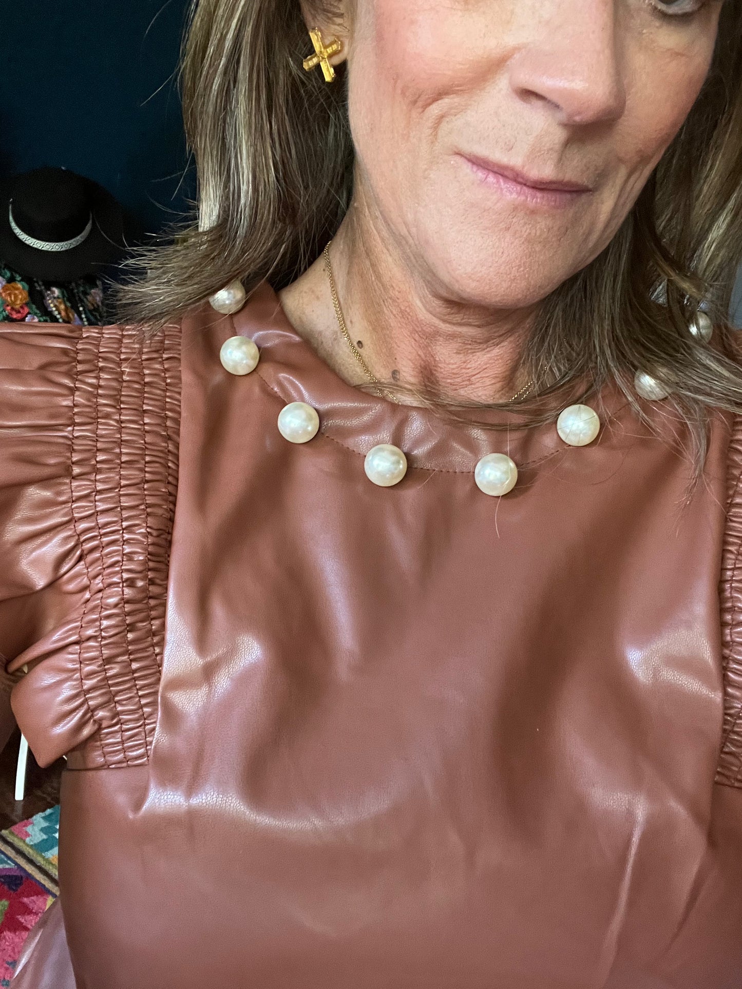 Smocked Ruffled Shoulder Pearl Detail Top