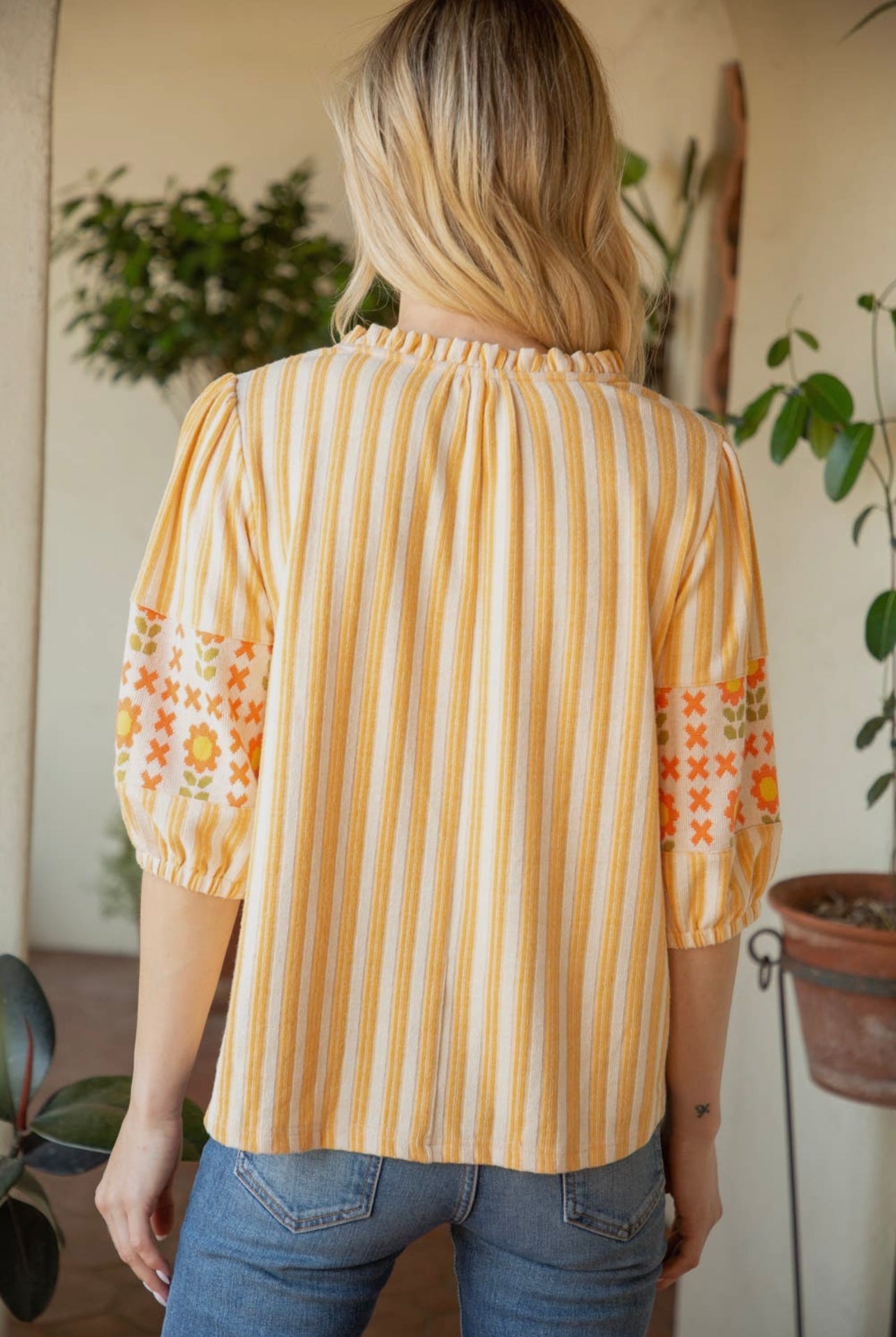 Stripe and Floral Pattern Mixed Knit Top