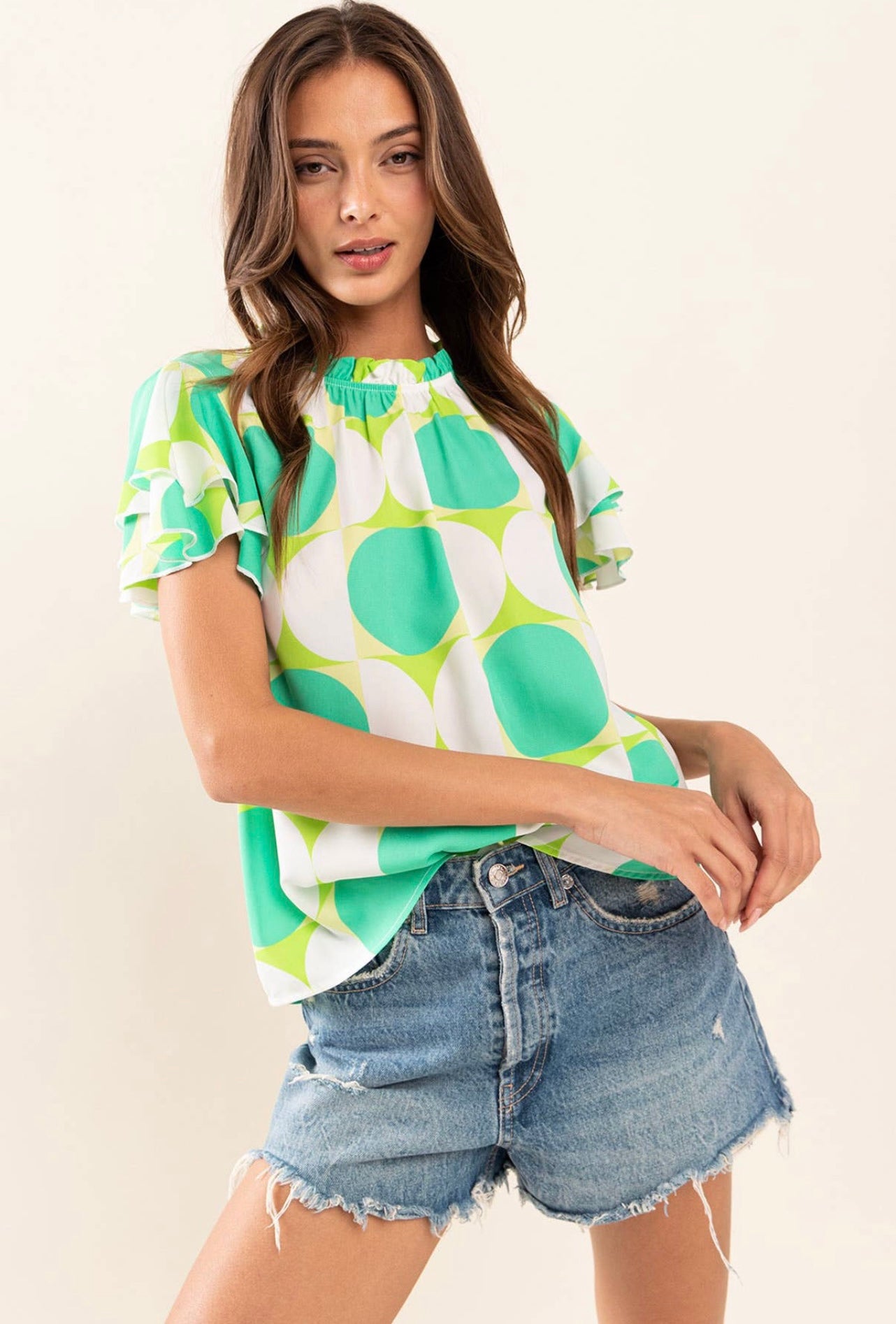 Geometric Woven Ruffle Short Sleeve Top
