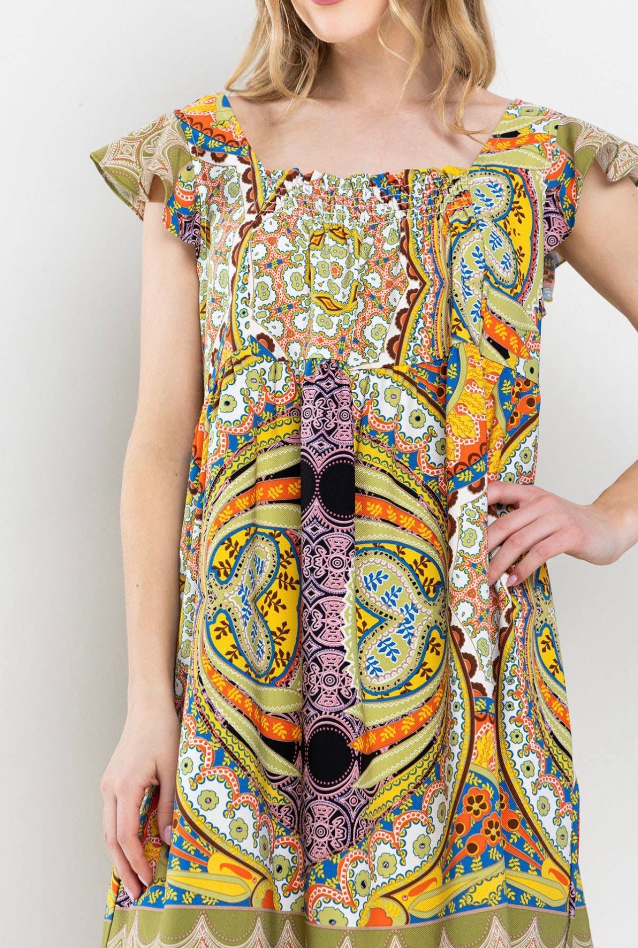 Border Print Squared Neck Dress